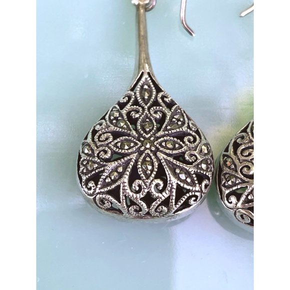 Vintage 925 Sliver Marcasite Tear Drop Dangle Earrings - Picture 12 of 14